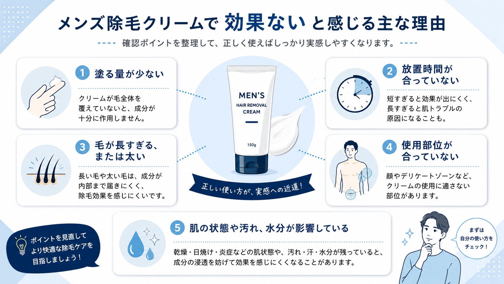 メンズ除毛クリームで効果ないと感じる主な理由をまとめた図解