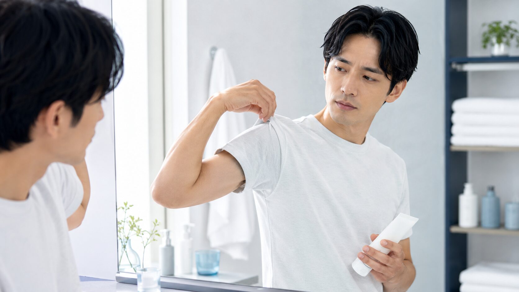半袖から見える脇毛を鏡で確認しながら除毛方法を考えている男性
