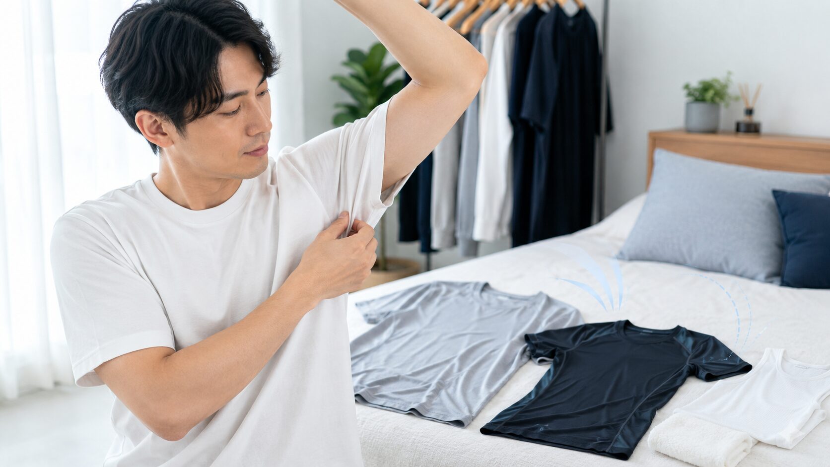 脇毛の処理後に摩擦や蒸れを避けるため半袖Tシャツを選んでいる男性