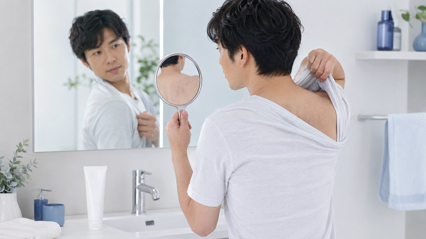 鏡で肩から背中を確認しながら除毛方法を考えている男性