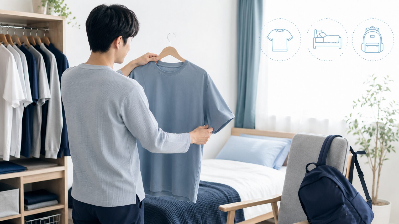 背中の除毛後に摩擦を避けるためゆったりしたTシャツを選んでいる男性