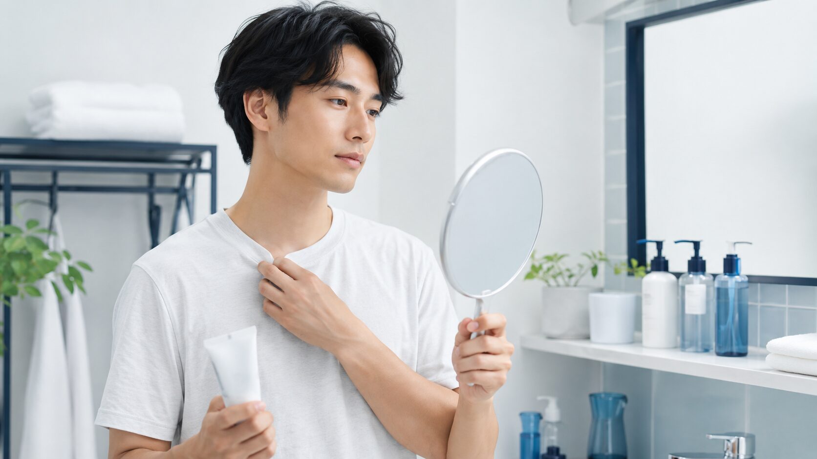 胸毛をどこまで処理するか考えながら除毛クリームを手にしている男性
