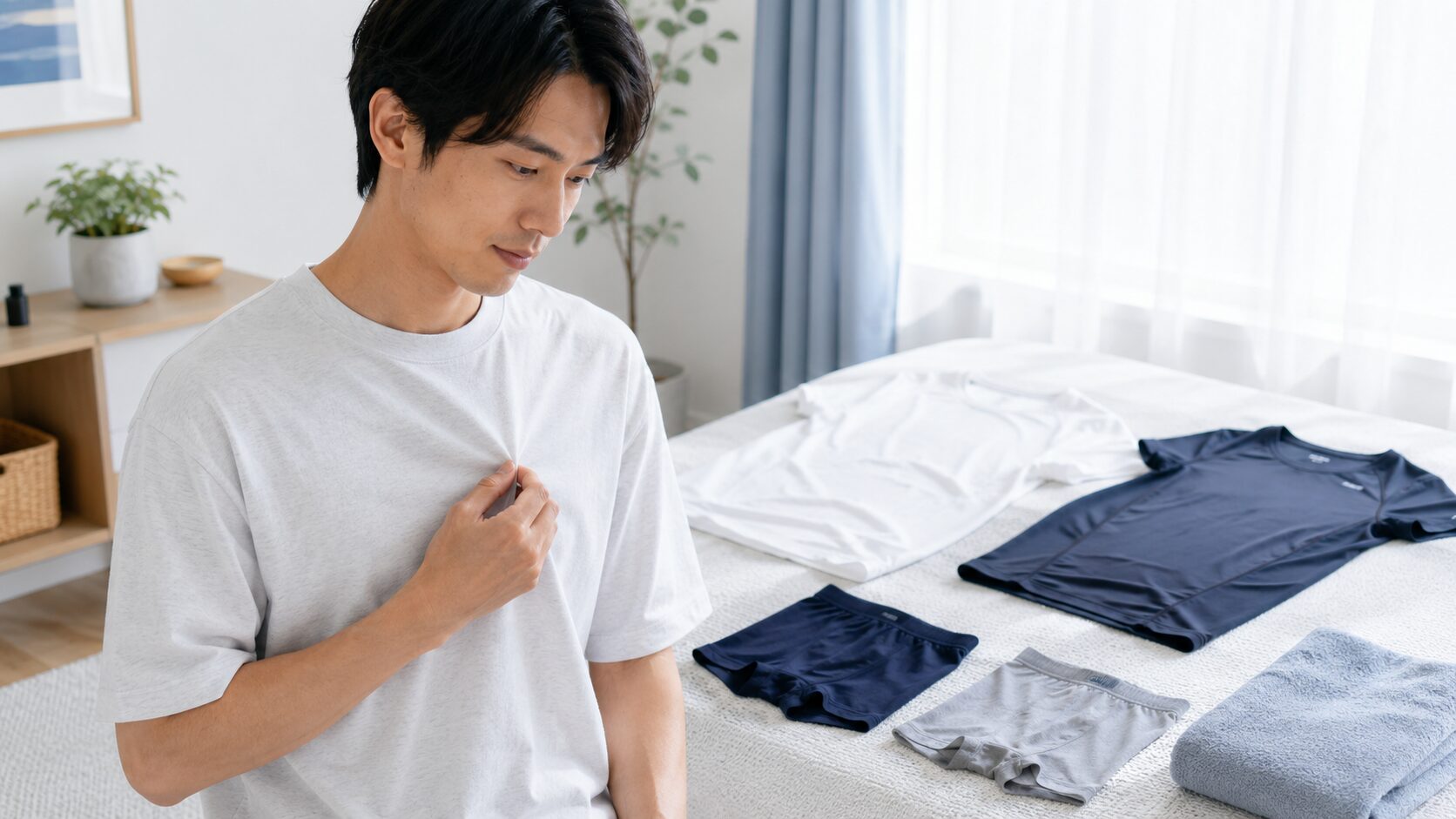 胸毛を処理したあとに胸元へ触れるTシャツや肌着の摩擦を考えている男性