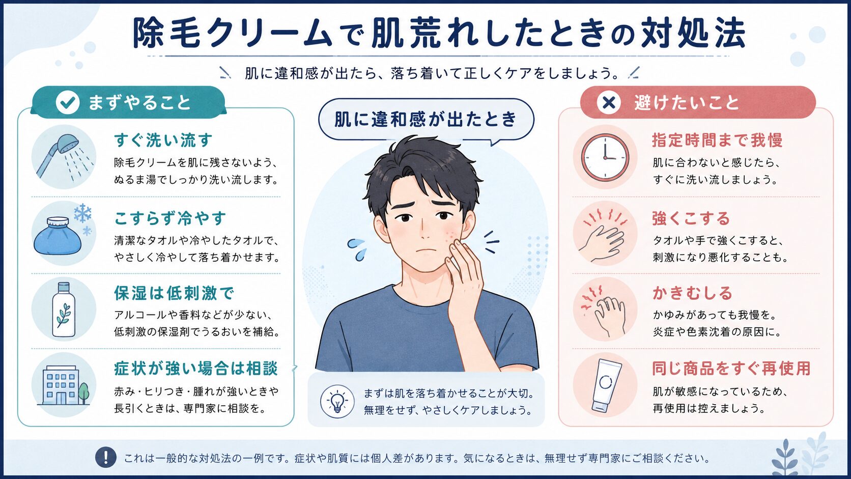 除毛クリームで肌荒れしたときに刺激を増やさない対応をまとめた図解
