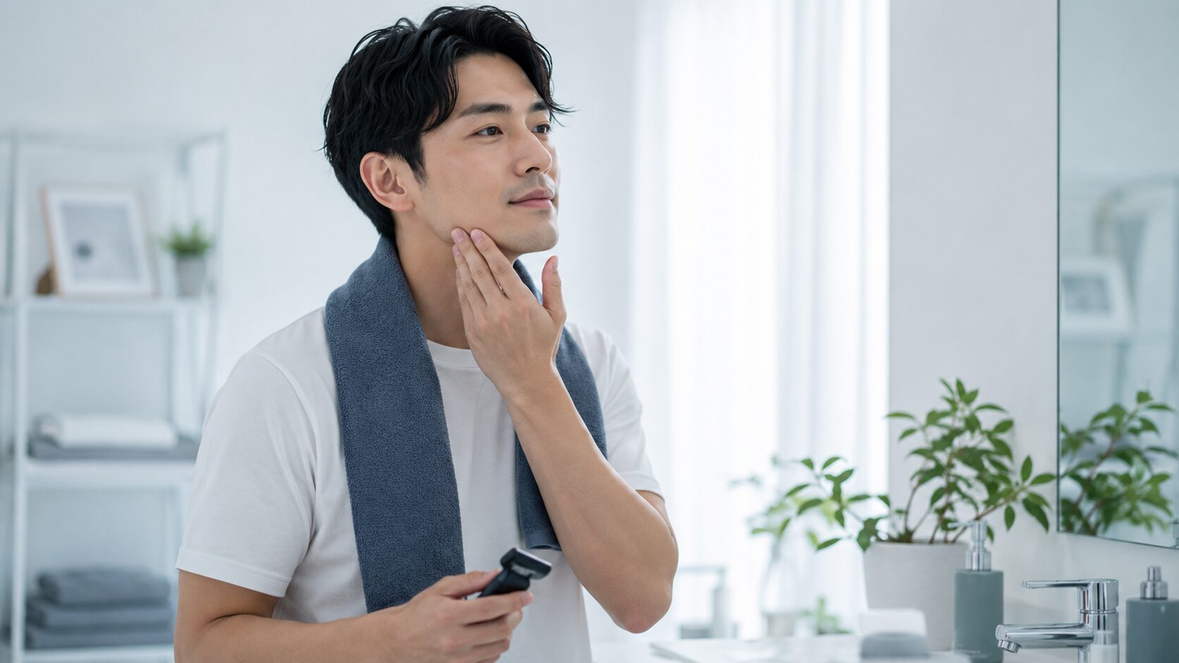 自分に合うムダ毛ケア方法を考えている男性のイメージ