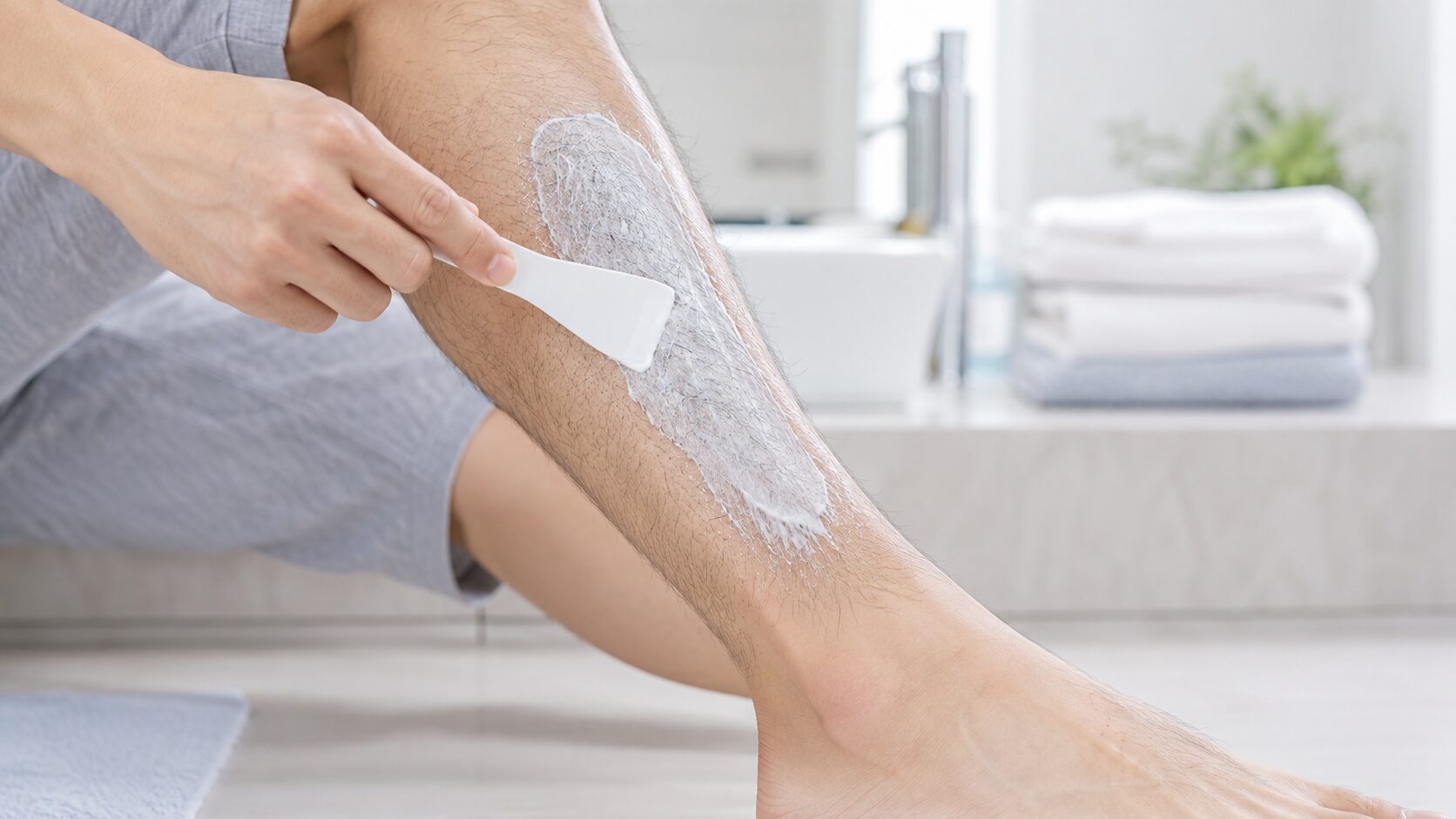 男性がすね毛を覆う厚さで除毛クリームを均一に塗っている様子
