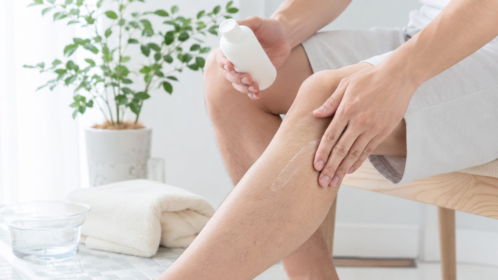 除毛クリームですね毛を処理した後に保湿剤をやさしく塗る男性