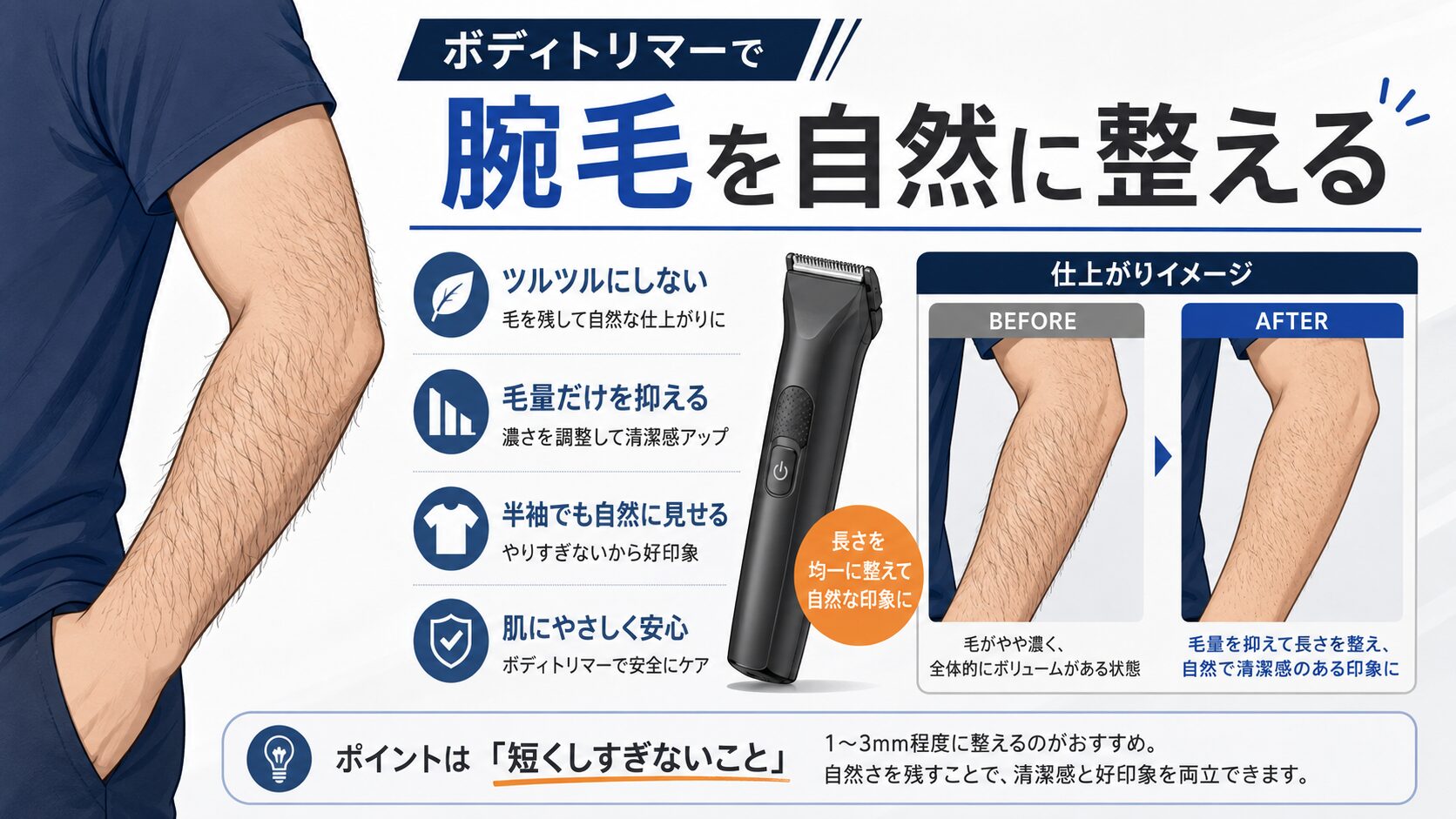 腕毛をボディトリマーで自然に整えるイメージ図