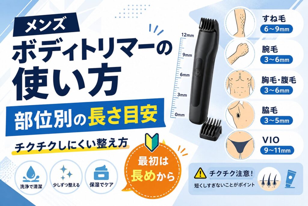 メンズボディトリマーの使い方と部位別の長さ目安、チクチクしにくい整え方を紹介する記事のアイキャッチ画像