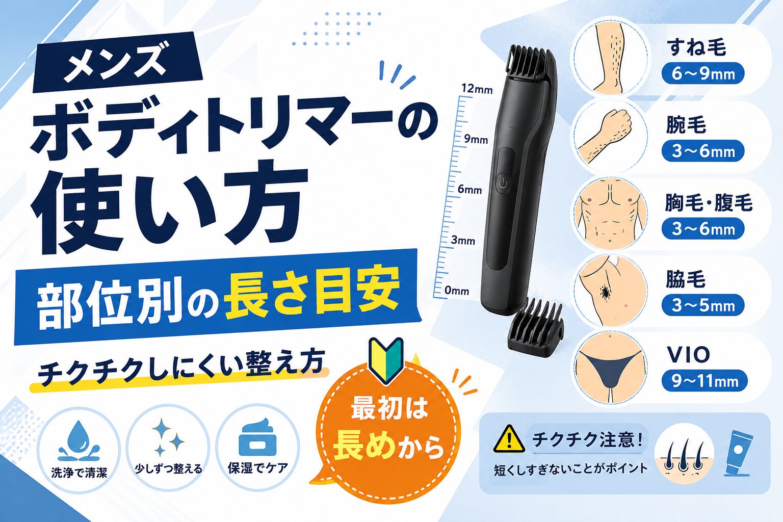 メンズボディトリマーの使い方と部位別の長さ目安、チクチクしにくい整え方を紹介する記事のアイキャッチ画像