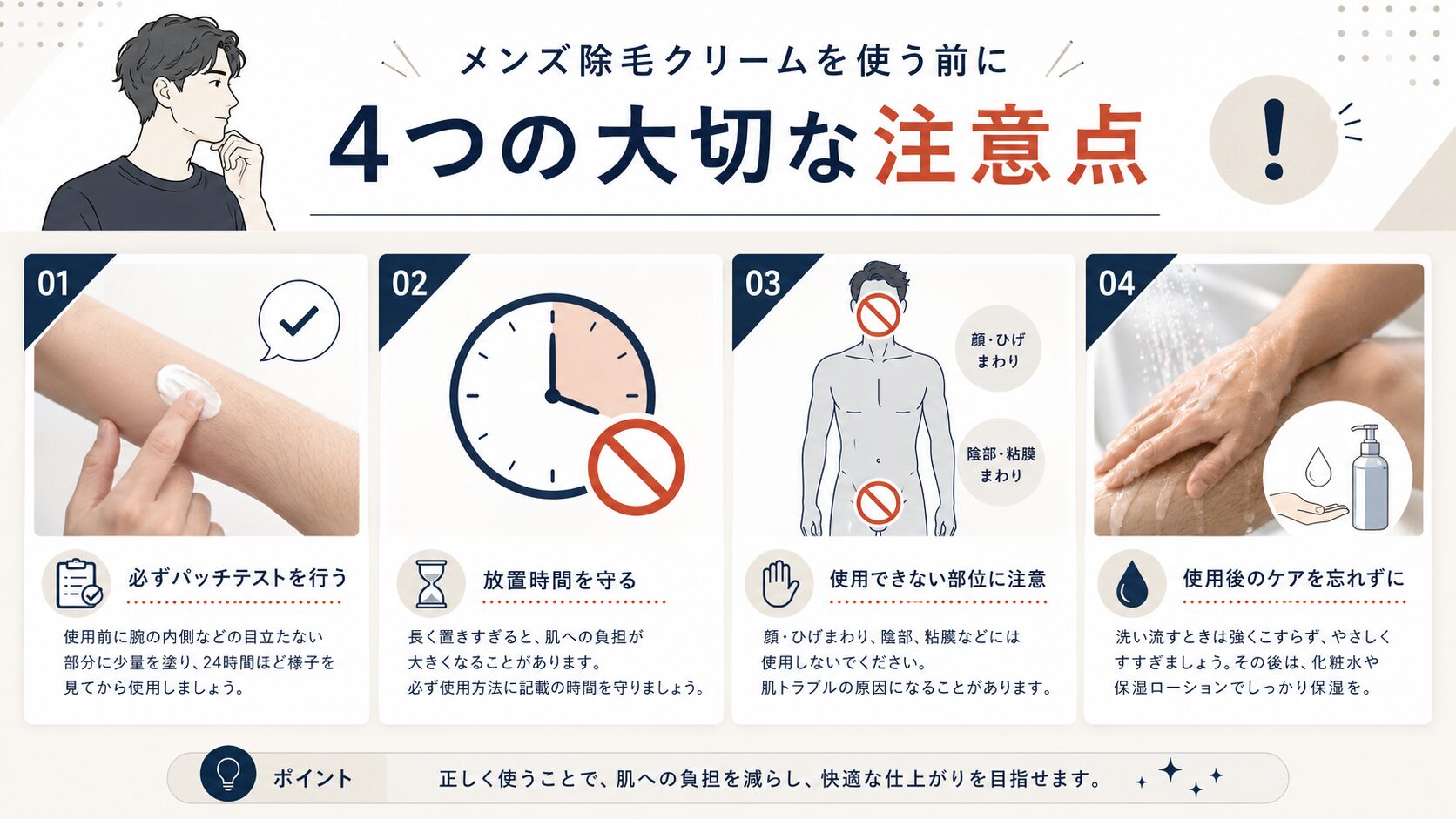 除毛クリーム使用前のパッチテスト・放置時間・禁止部位・保湿の注意点
