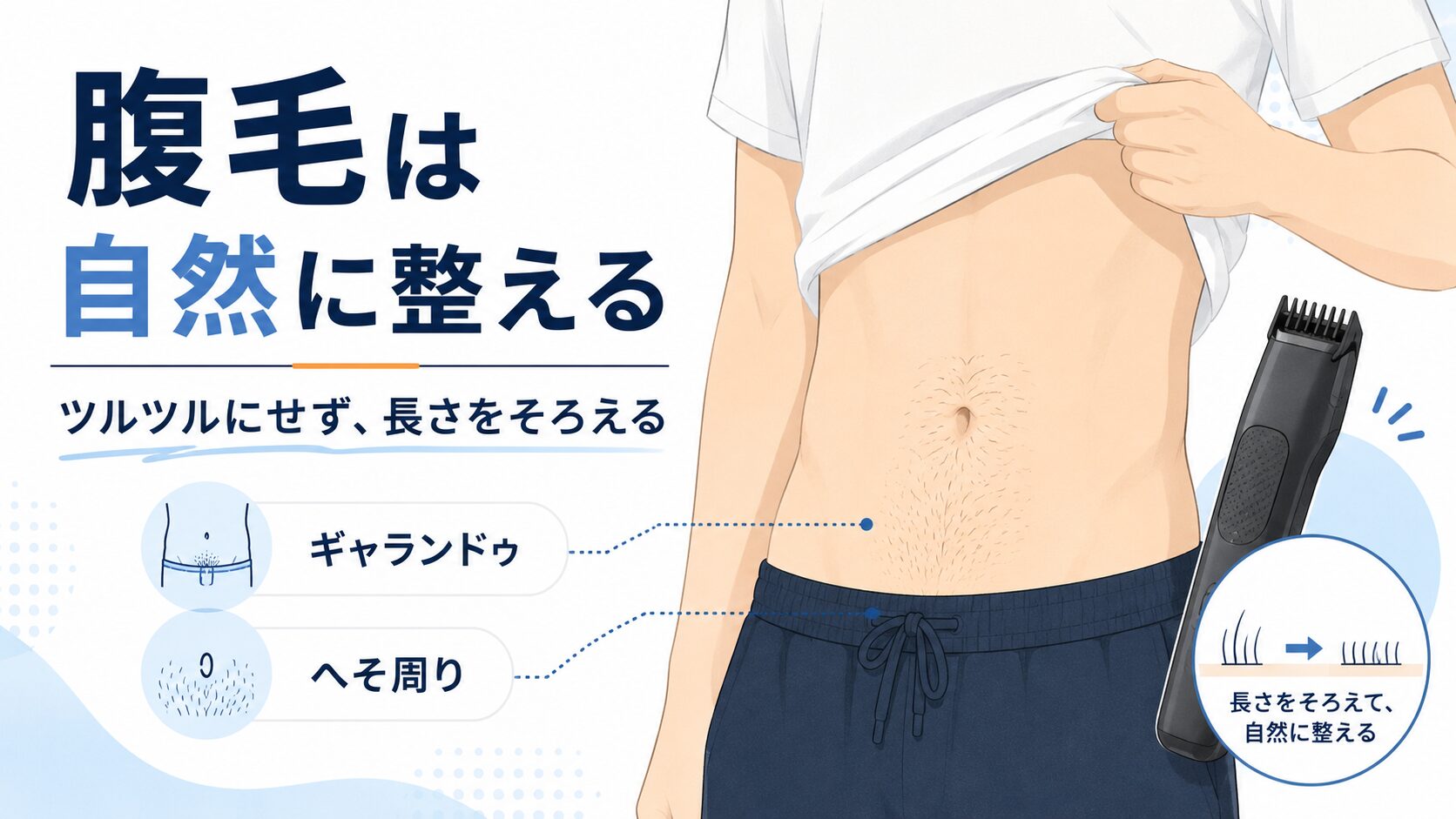 腹毛とギャランドゥをボディトリマーで自然に整えるイメージ図