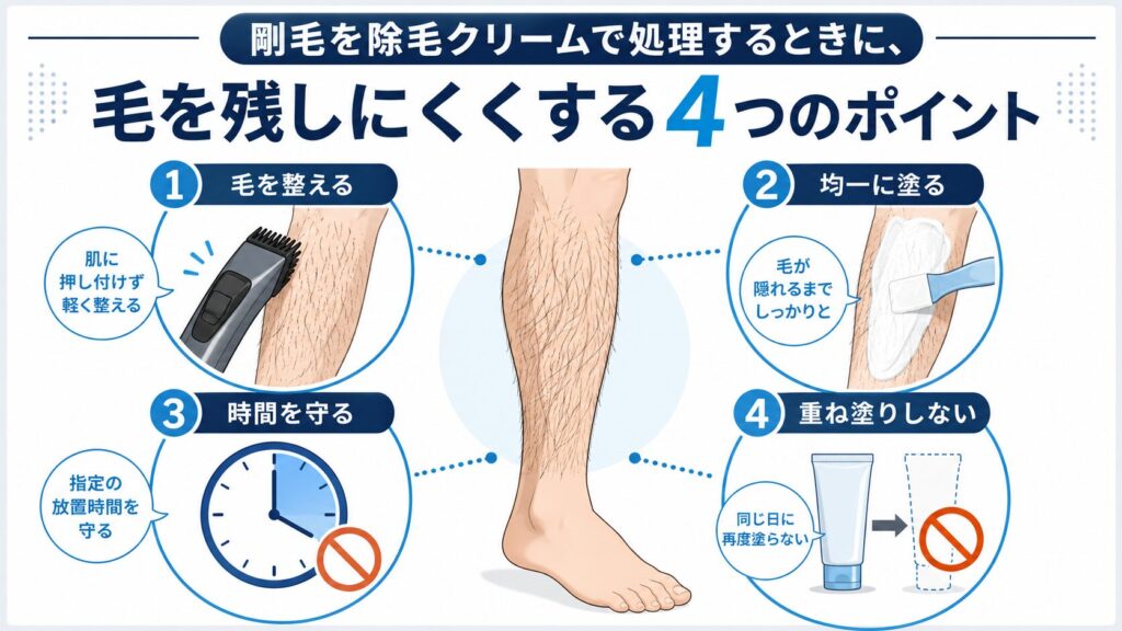 剛毛を除毛クリームで処理するときの4つのポイント