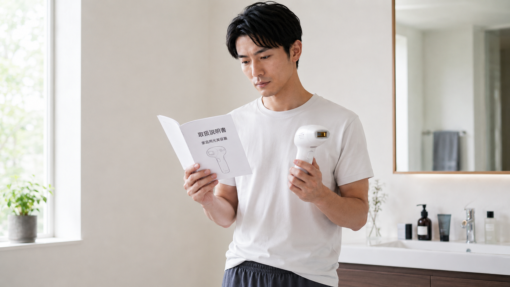 家庭用脱毛器のVIO対応範囲を取扱説明で確認する男性