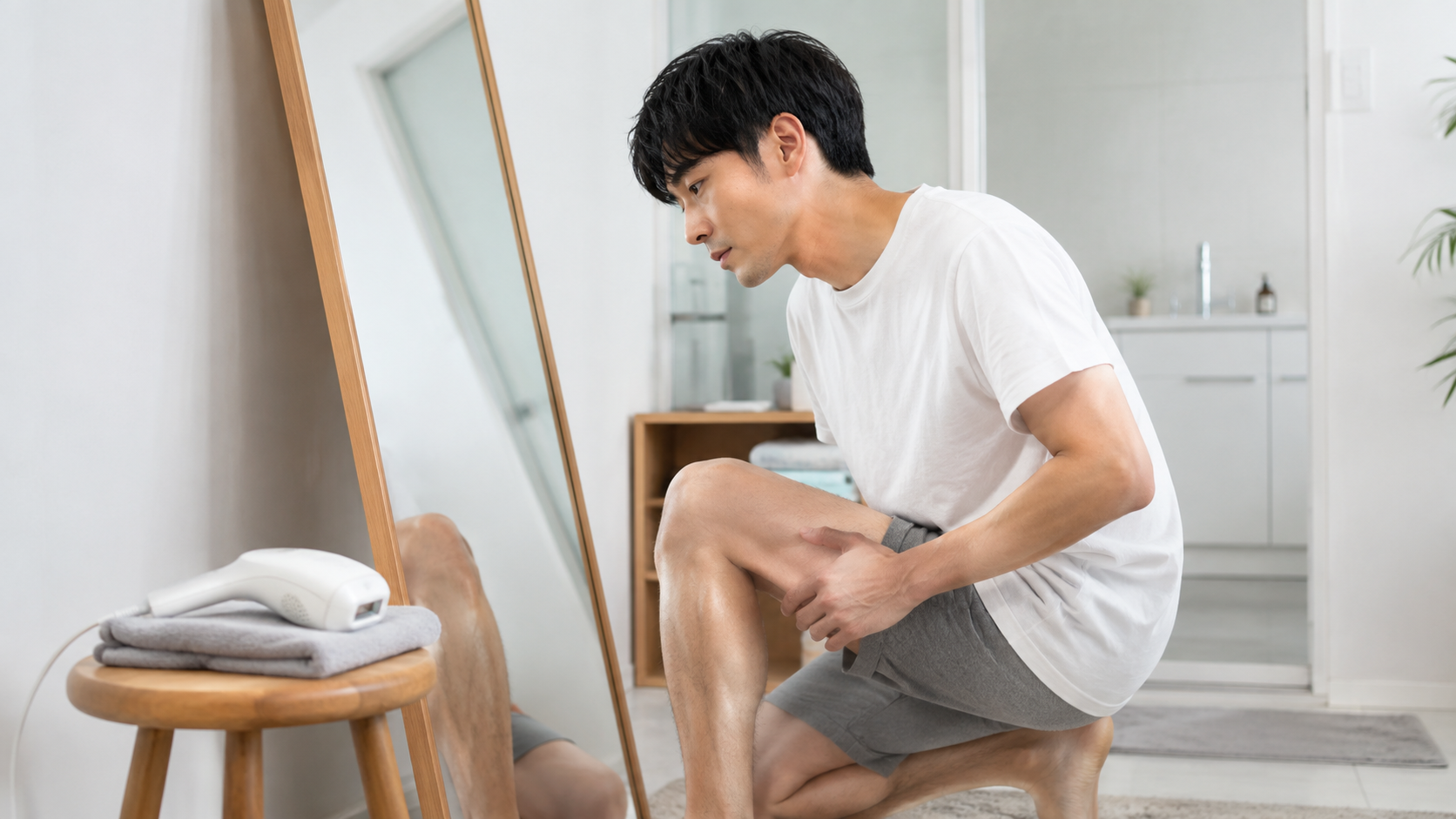 VIOの見えにくい部位を鏡で確認する男性のイメージ