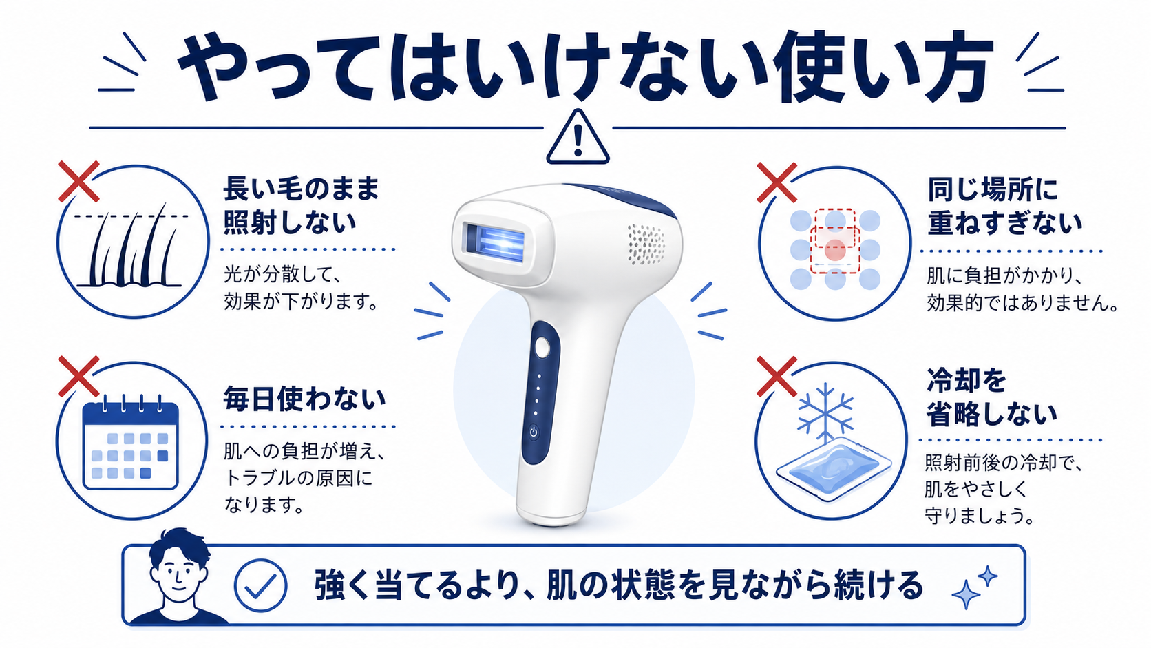 家庭用脱毛器でやってはいけない使い方をまとめた注意図解