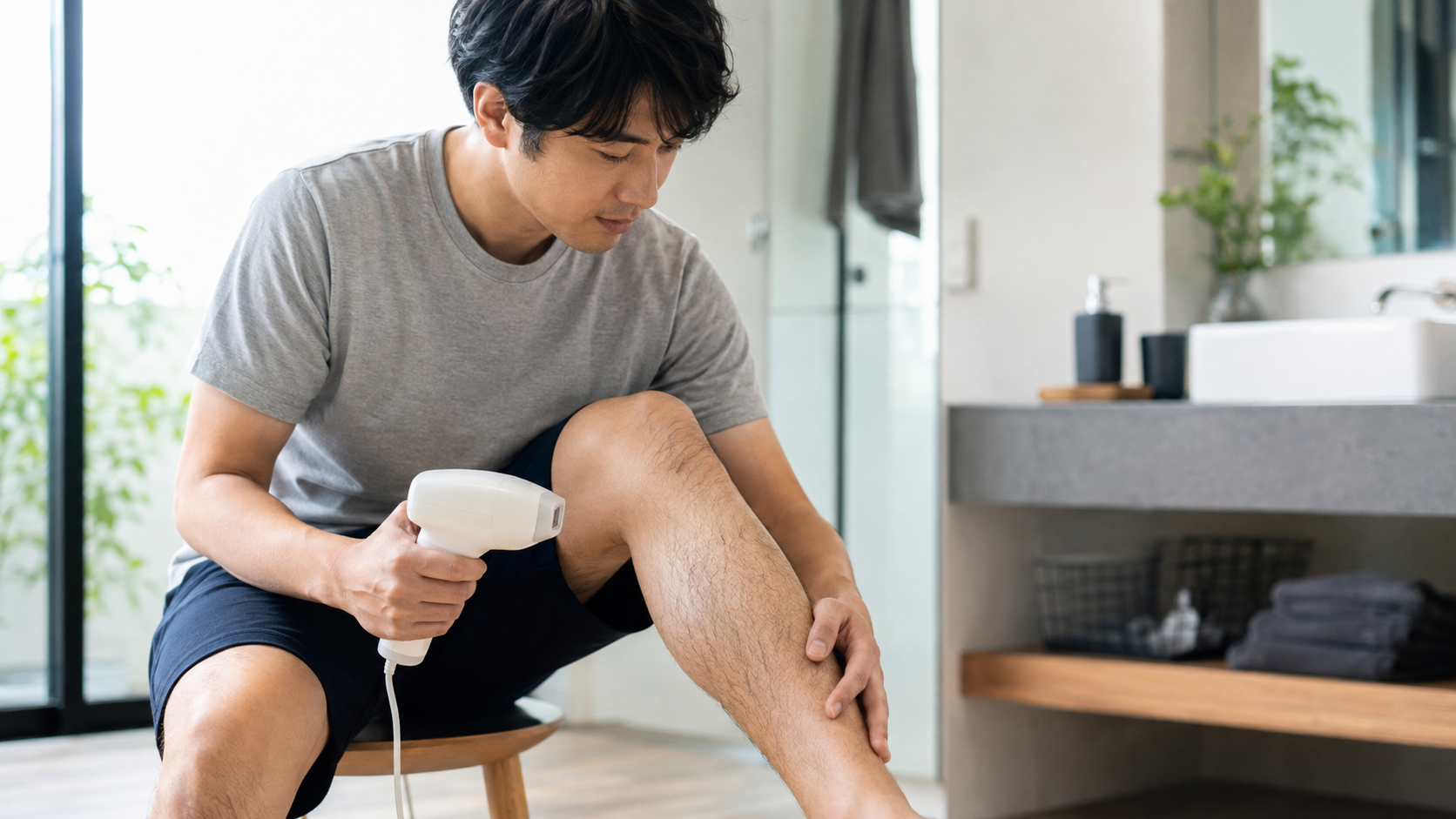家庭用脱毛器ですね毛をケアする前に脚を確認する男性