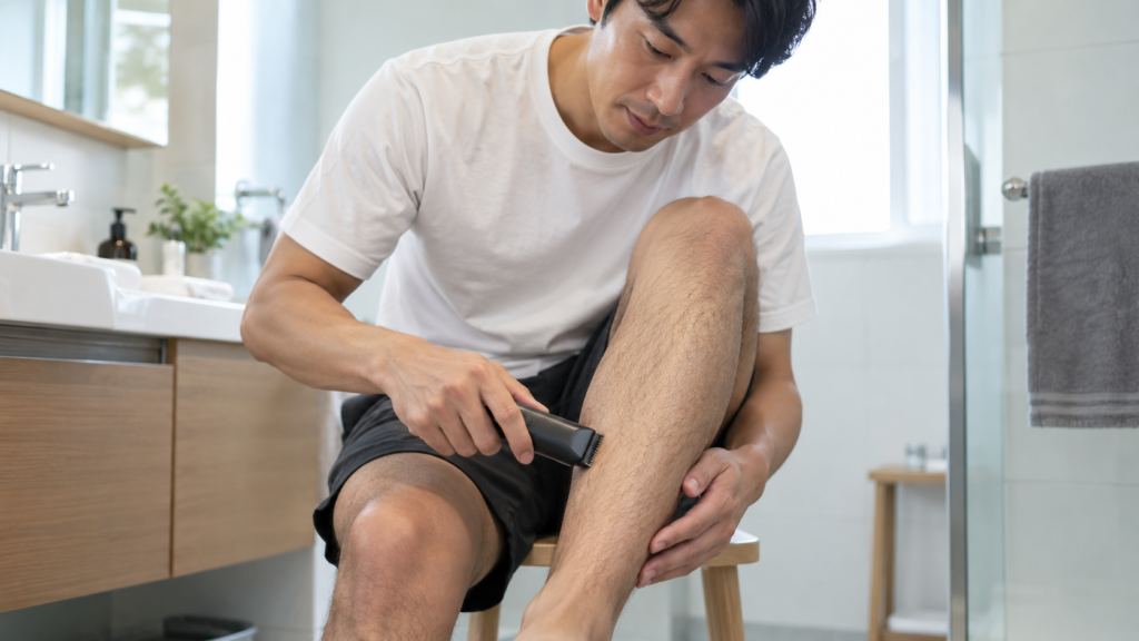 すね毛を自然な長さに整える男性とボディトリマー