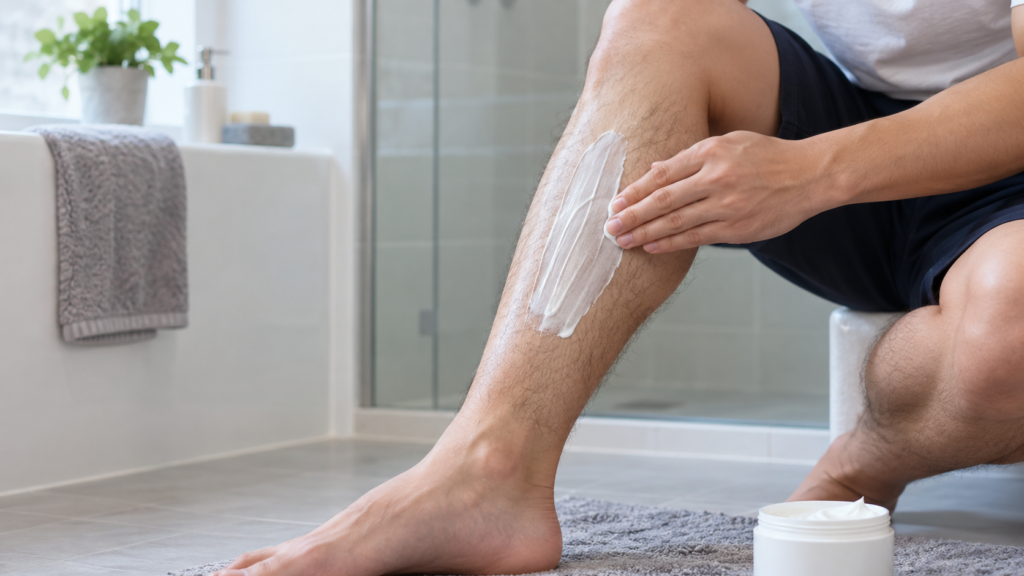 男性がすねに除毛クリームを塗るイメージ