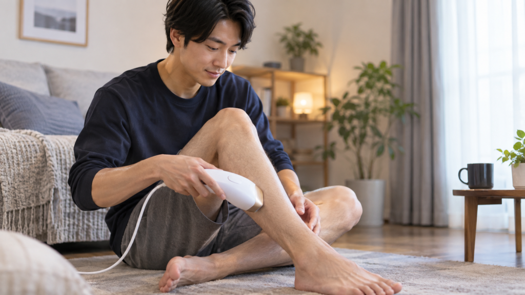 男性が自宅ですね毛を家庭用脱毛器でケアするイメージ