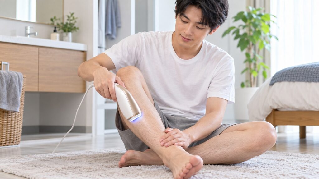 男性がすね毛を家庭用光美容器でケアしているイメージ