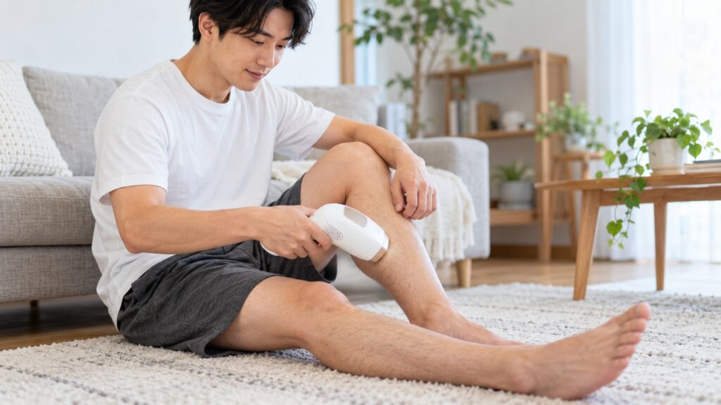 自宅ですね毛を家庭用光美容器でケアする男性