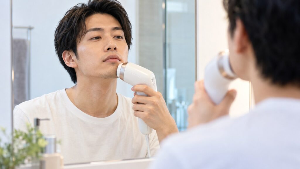 口まわりのヒゲを家庭用光美容器でケアする男性