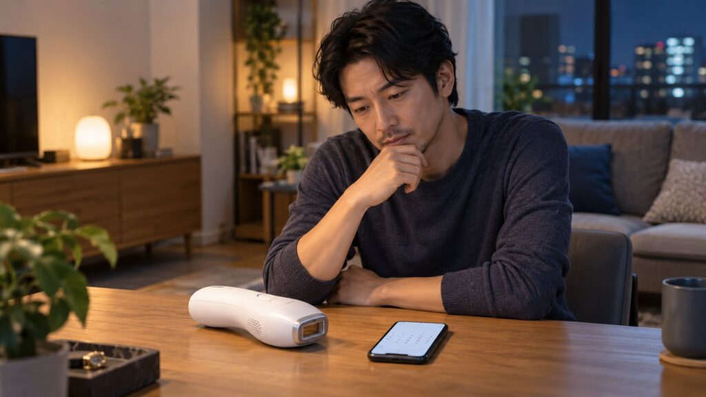 すねの広い範囲を家庭用光美容器でケアする男性