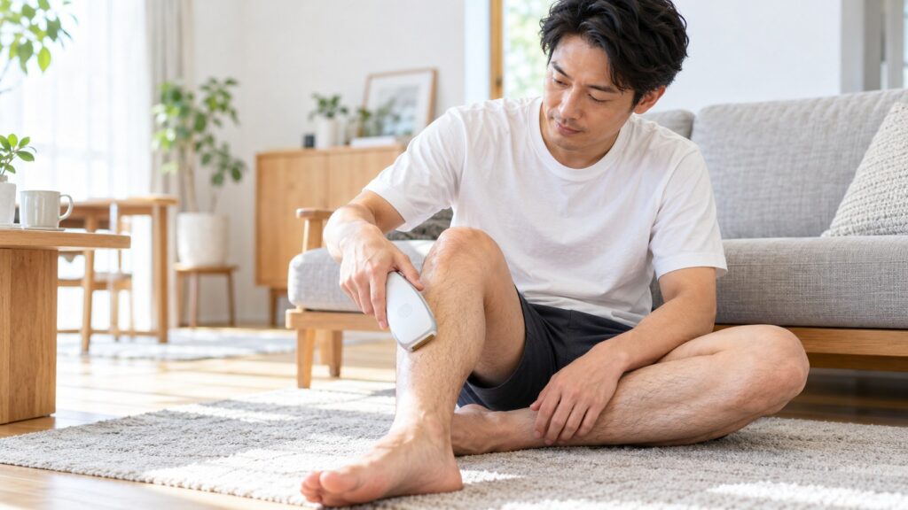 口まわりのヒゲを家庭用光美容器でケアする男性