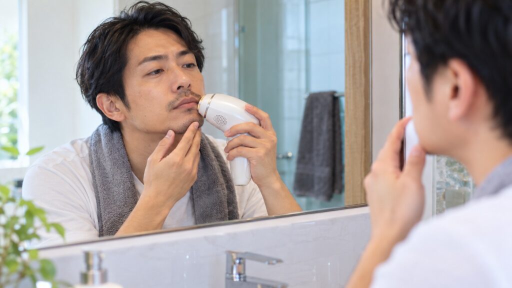 家庭用光美容器とアプリ管理の必要性を考える男性