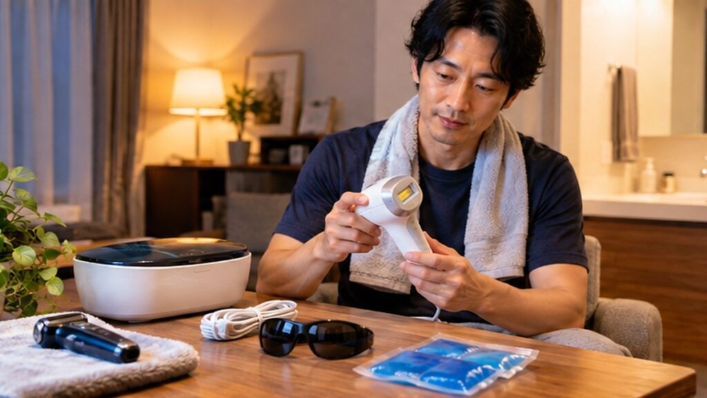 家庭用光美容器を使う前に準備する男性