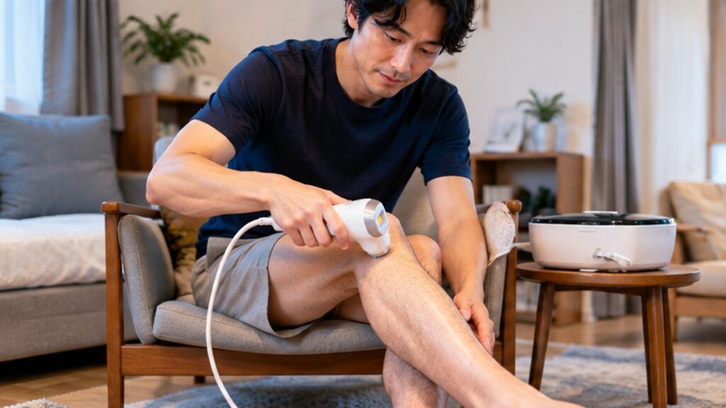 据え置き型光美容器のハンドピースですね毛をケアする男性