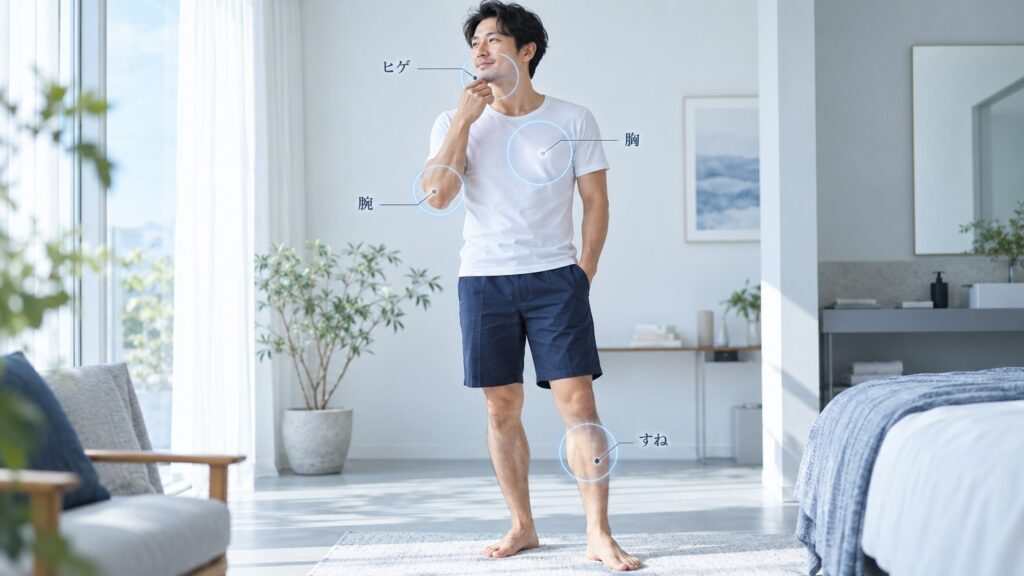 ヒゲ・腕・すね・胸で家庭用脱毛器の選び方が異なる男性のイメージ